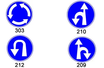 שני תמרורים ממוספרים. 210 — עיגול כחול ובו חץ לבן ישר כלפי מעלה, ולצדו משמאל חץ בצורת פרסה. 209 — עיגול כחול ובו חץ לבן ישר כלפי מעלה, ולצדו מימין חץ מעוקל שחוזר כלפי מטה.