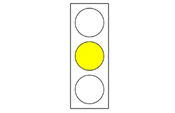 ציור רמזור אנכי בעל שלושה עיגולים, שבו האמצעי צהוב והשניים האחרים לבנים וריקים.