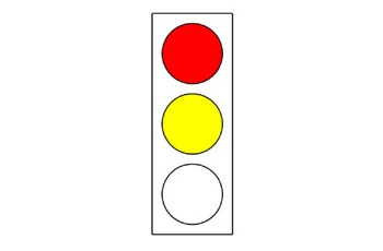 ציור רמזור אנכי בעל שלושה אורות: העליון אדום, האמצעי צהוב והתחתון לבן וריק.