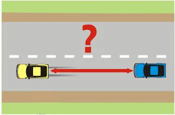 תרשים סכמטי: קטע כביש עם קו הפרדה מרוסק. בצד שמאל מכונית צהובה ובצד ימין מכונית כחולה, ובין שתיהן חץ אדום דו-ראשי המצביע לשני הכיוונים. מעליהן סימן שאלה אדום גדול.